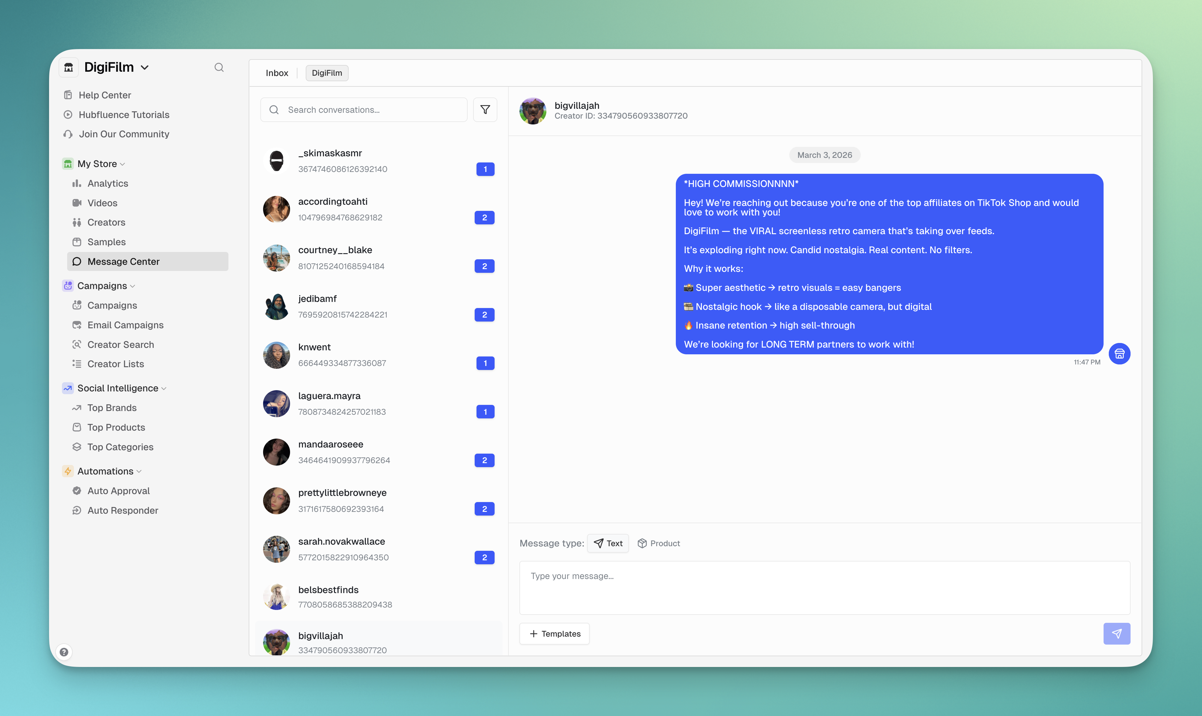 Message Creators Instantly