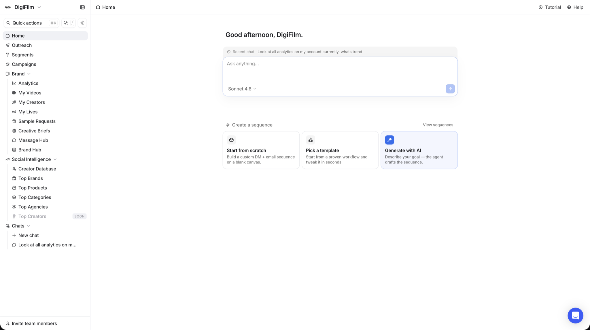 Hubfluence MCP Automations showing an Ask anything AI prompt and agentic actions to create sequences, pick templates, or generate with AI