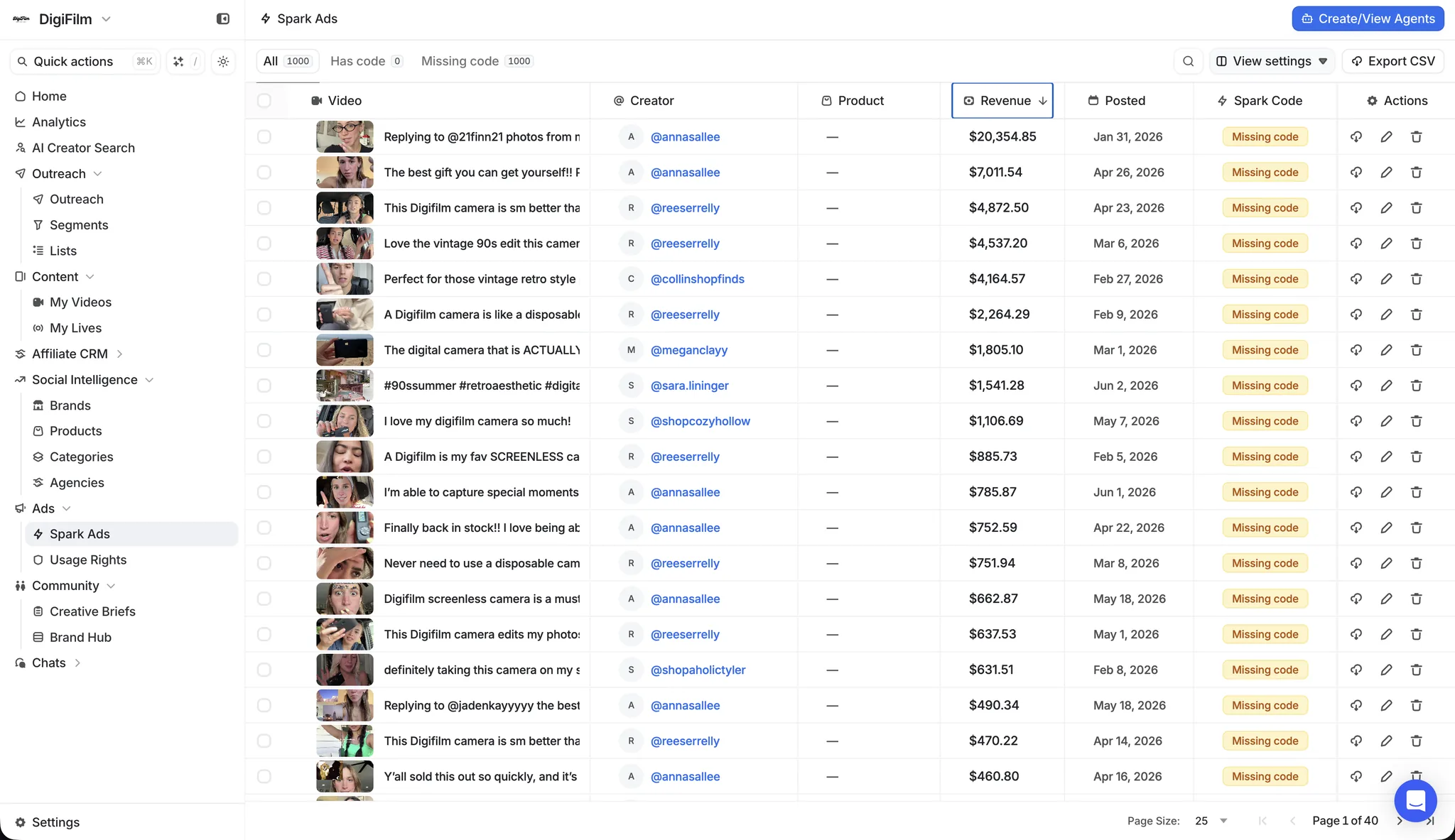 Hubfluence Spark Ads dashboard listing creator videos with revenue, posted date, and Spark code status, ready for an agent to collect missing Spark Ad codes